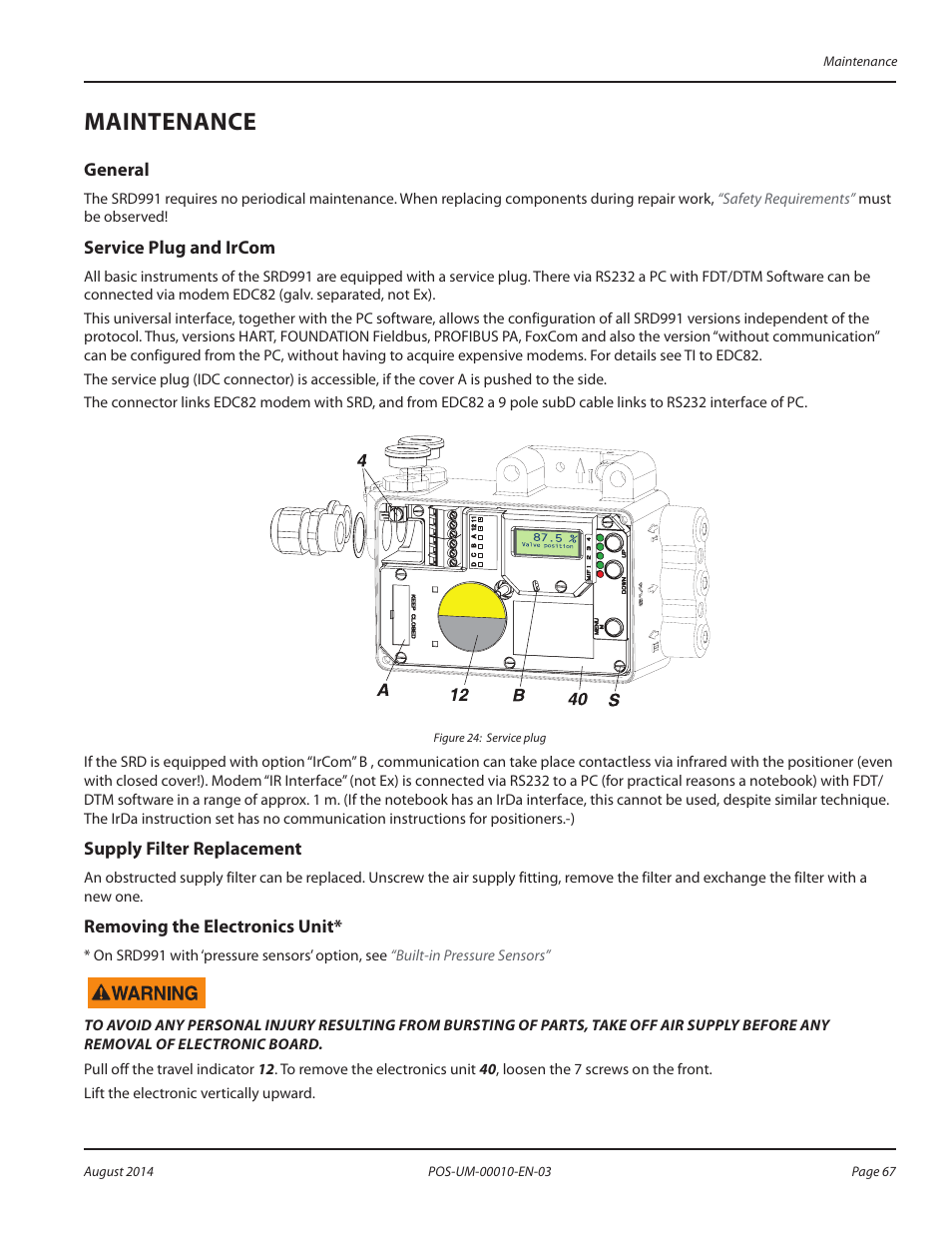 Maintenance, General, Service plug and ircom | Supply filter replacement, Removing the electronics unit, Maintenance 67, General 67 service plug and ircom 67 | Badger Meter SRD/SRI Valve Positioners User Manual | Page 67 / 84