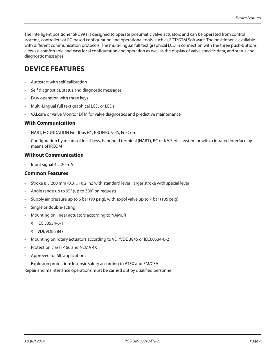 Device features, With communication, Without communication | Common features, Device features 7 | Badger Meter SRD/SRI Valve Positioners User Manual | Page 7 / 84