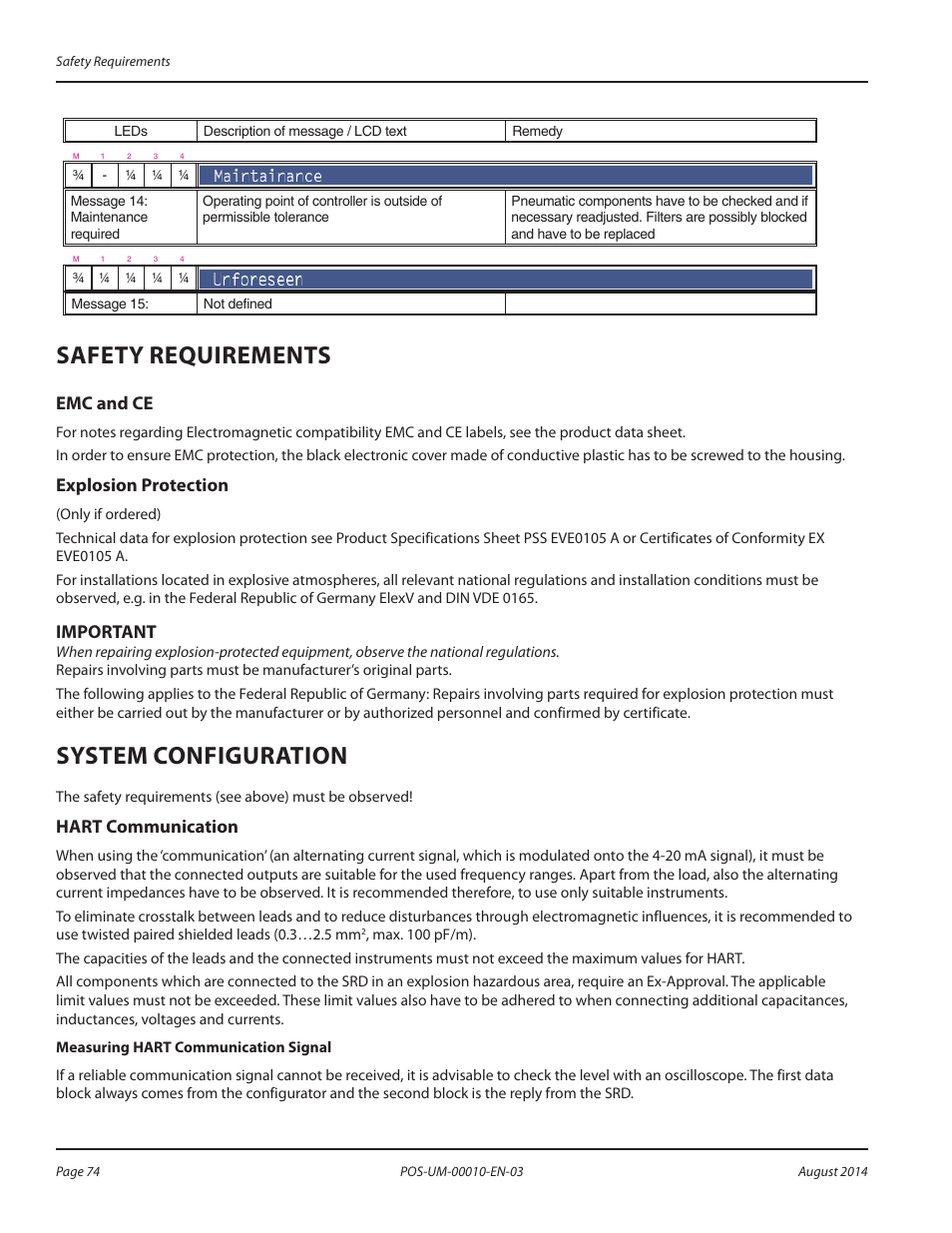 Safety requirements, Emc and ce, Explosion protection | System configuration, Hart communication, Safety requirements 74, Emc and ce 74 explosion protection 74, System configuration 74, Hart communication 74, Mportant i | Badger Meter SRD/SRI Valve Positioners User Manual | Page 74 / 84