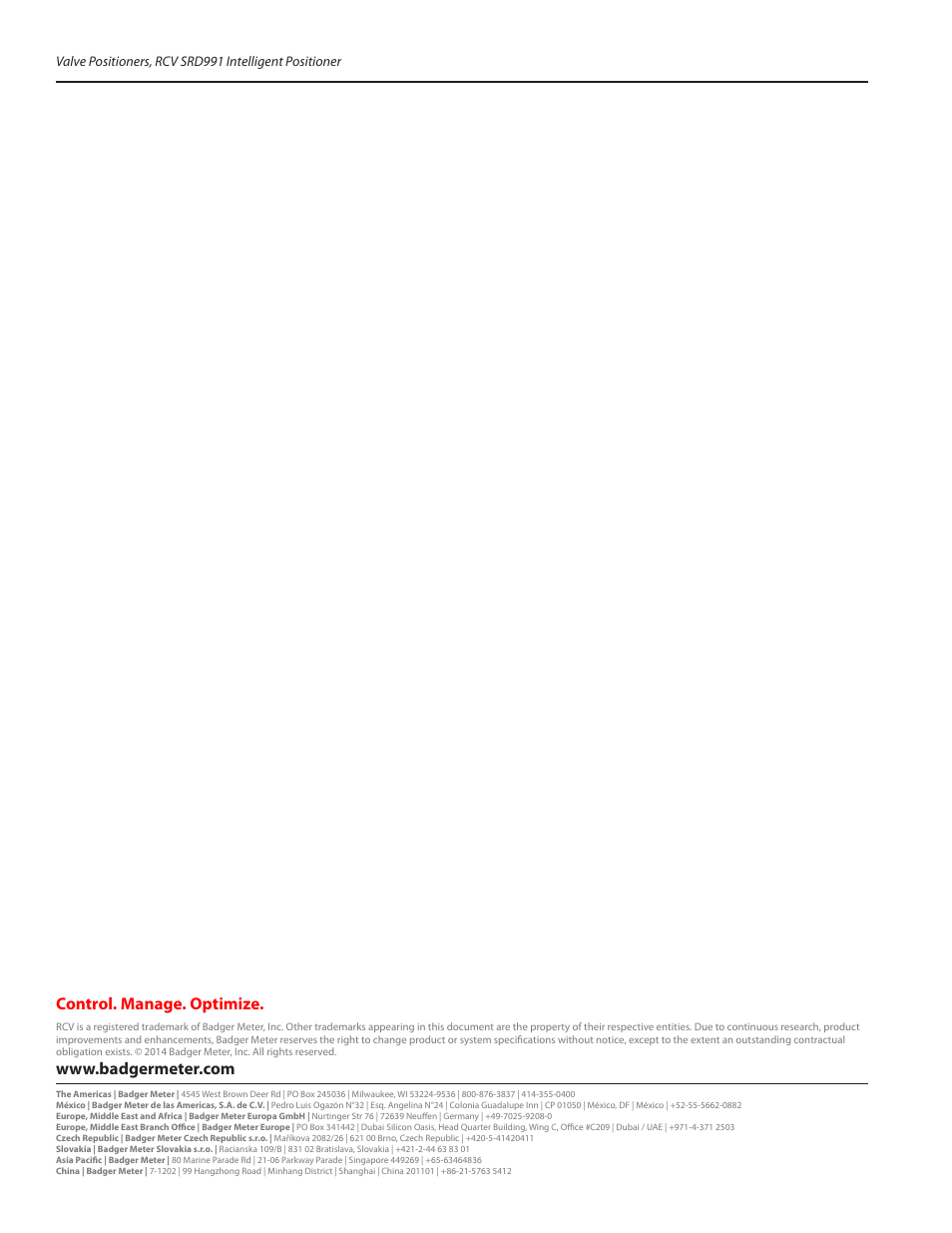 Control. manage. optimize | Badger Meter SRD/SRI Valve Positioners User Manual | Page 84 / 84