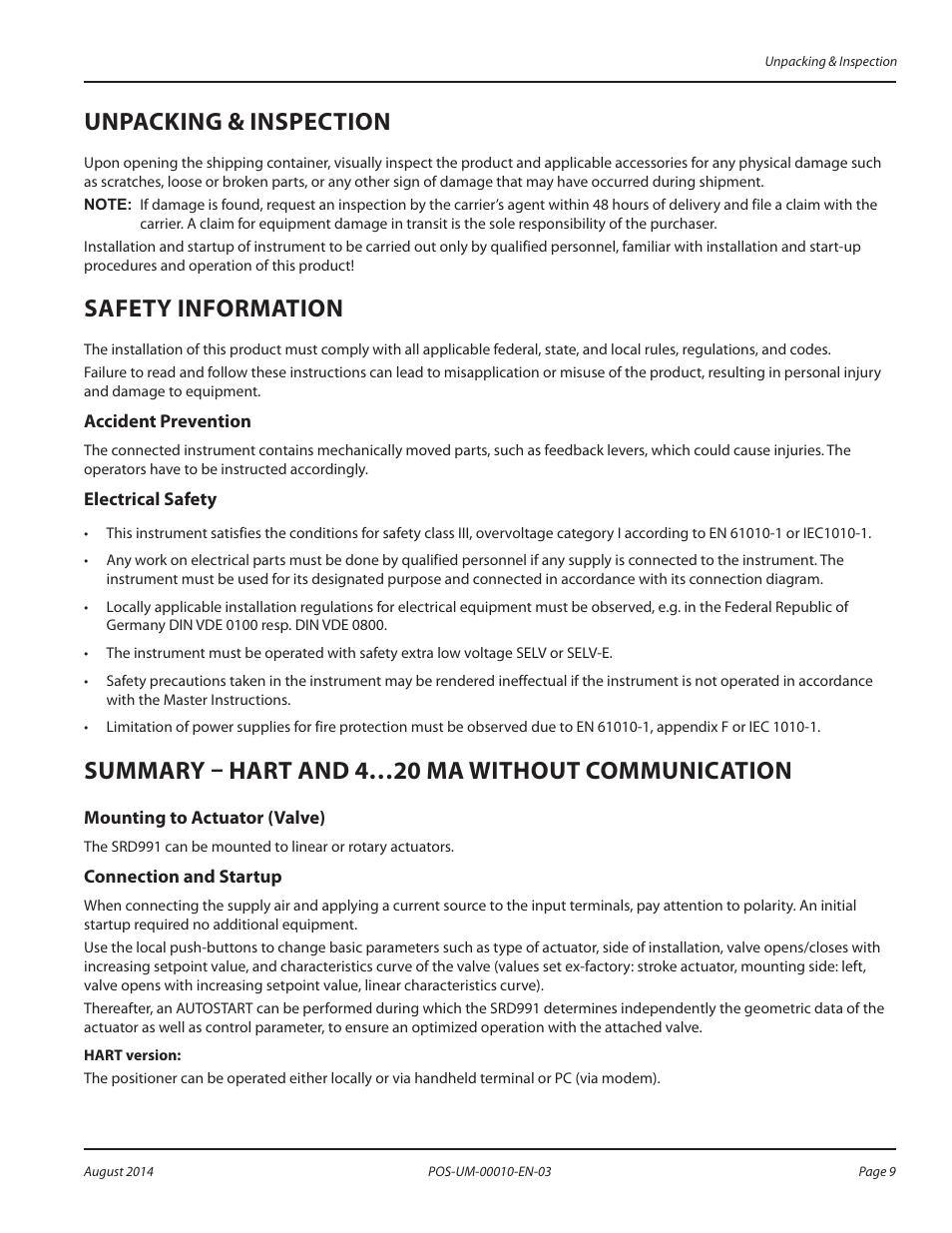 Unpacking & inspection, Safety information, Accident prevention | Electrical safety, Summary – hart and 4-20 ma without communication, Mounting to actuator (valve), Connection and startup, Unpacking & inspection 9, Safety information 9, Accident prevention 9 electrical safety 9 | Badger Meter SRD/SRI Valve Positioners User Manual | Page 9 / 84