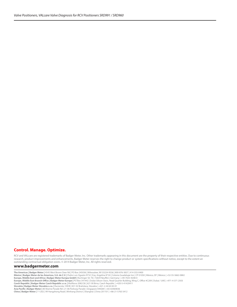 Control. manage. optimize | Badger Meter SRD/SRI Valve Positioners User Manual | Page 100 / 100