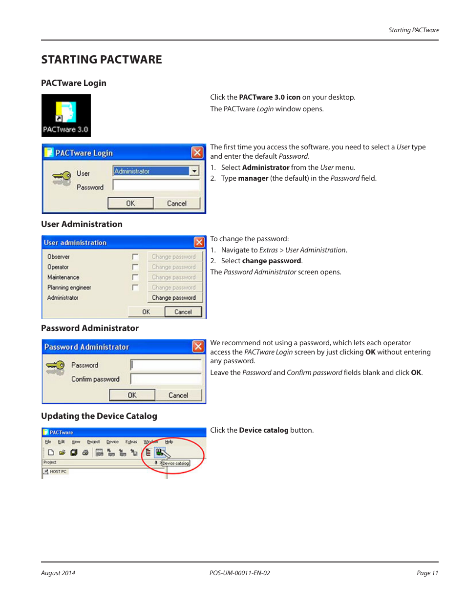 Starting pactware, Pactware login, User administration | Password administrator, Updating the device catalog | Badger Meter SRD/SRI Valve Positioners User Manual | Page 11 / 100