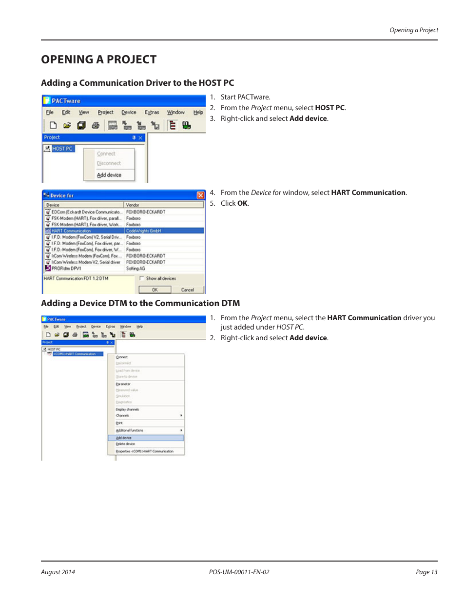 Opening a project, Adding a communication driver to the host pc, Adding a device dtm to the communication dtm | Badger Meter SRD/SRI Valve Positioners User Manual | Page 13 / 100