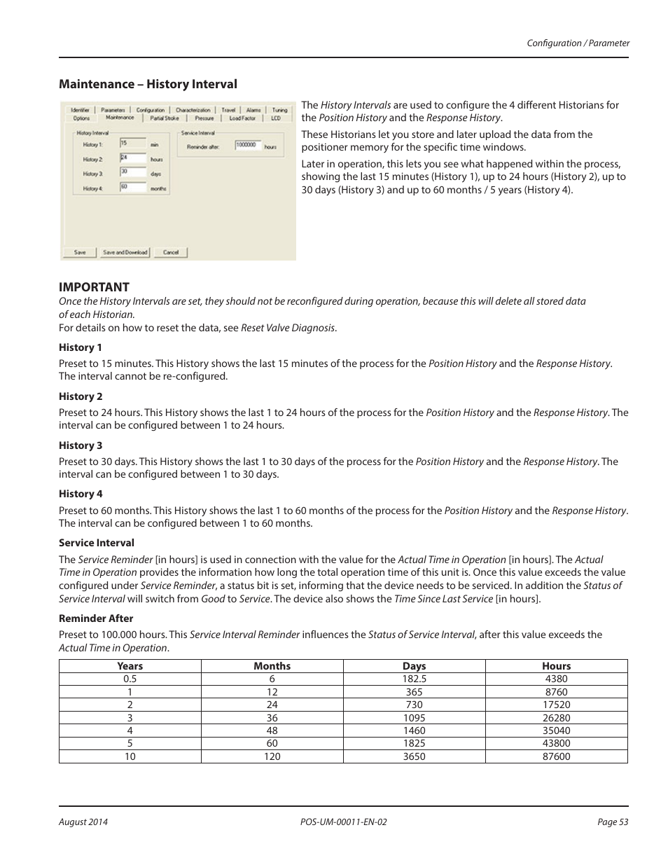 Maintenance – history interval | Badger Meter SRD/SRI Valve Positioners User Manual | Page 53 / 100