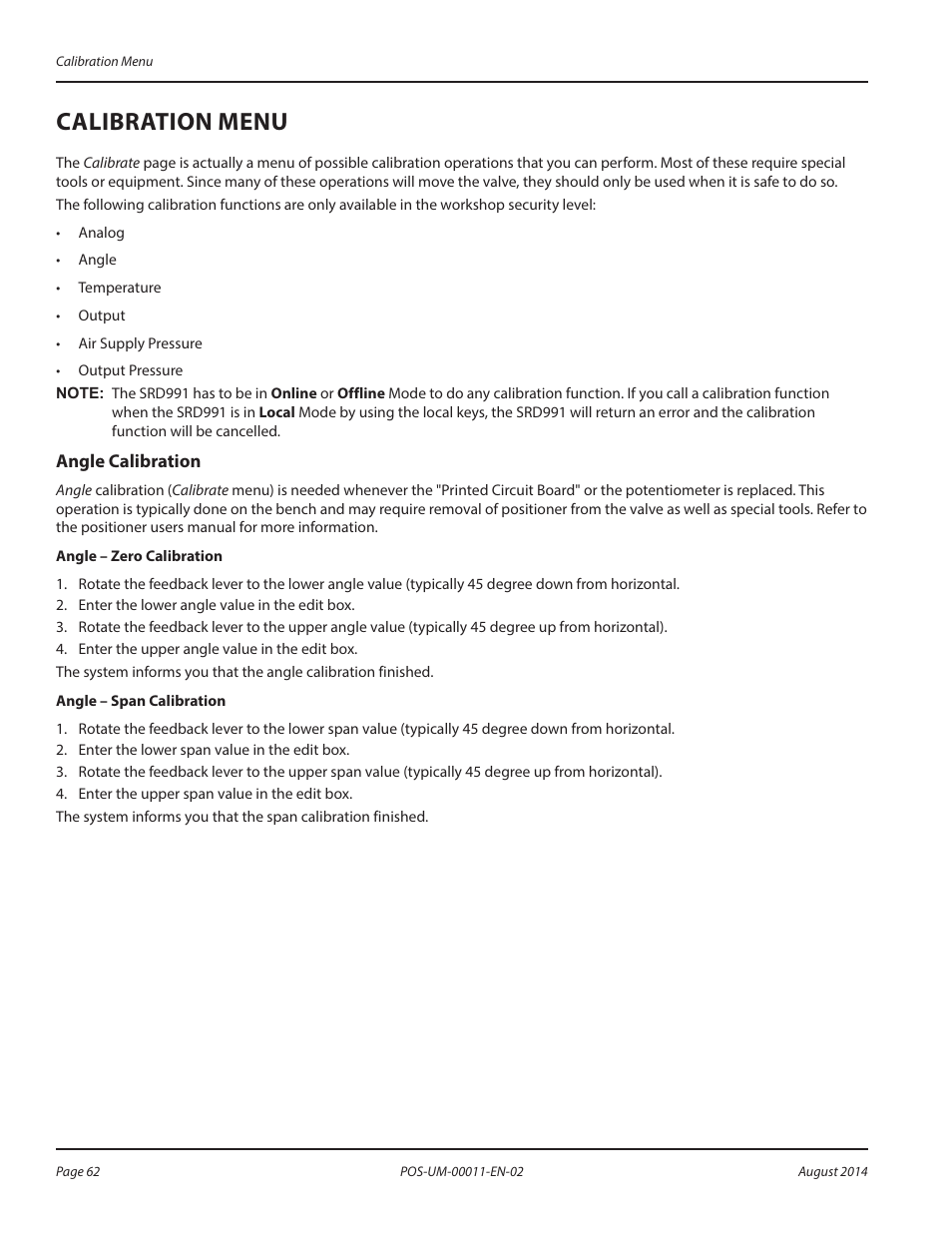 Calibration menu, Angle calibration | Badger Meter SRD/SRI Valve Positioners User Manual | Page 62 / 100