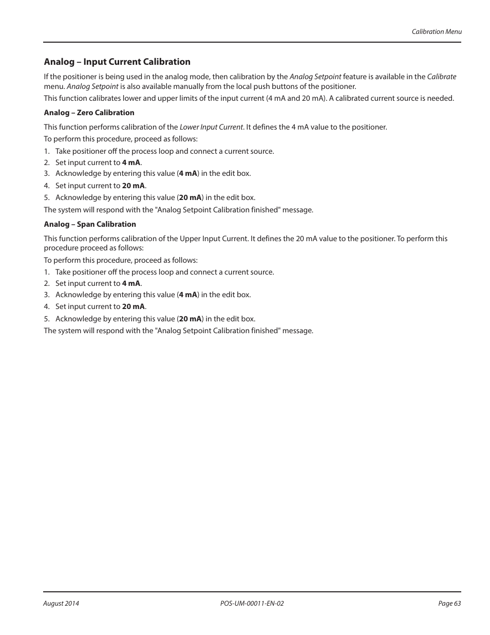 Analog – input current calibration | Badger Meter SRD/SRI Valve Positioners User Manual | Page 63 / 100