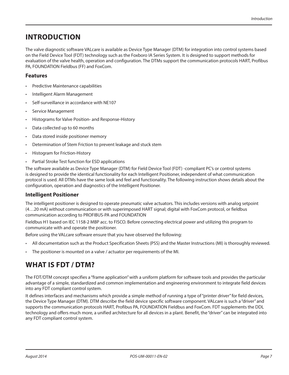 Introduction, Features, Intelligent positioner | What is fdt / dtm, Features intelligent positioner | Badger Meter SRD/SRI Valve Positioners User Manual | Page 7 / 100