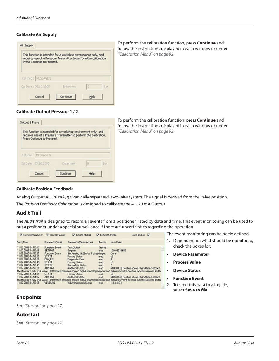 Audit trail, Endpoints, Autostart | Audit trail endpoints autostart | Badger Meter SRD/SRI Valve Positioners User Manual | Page 82 / 100