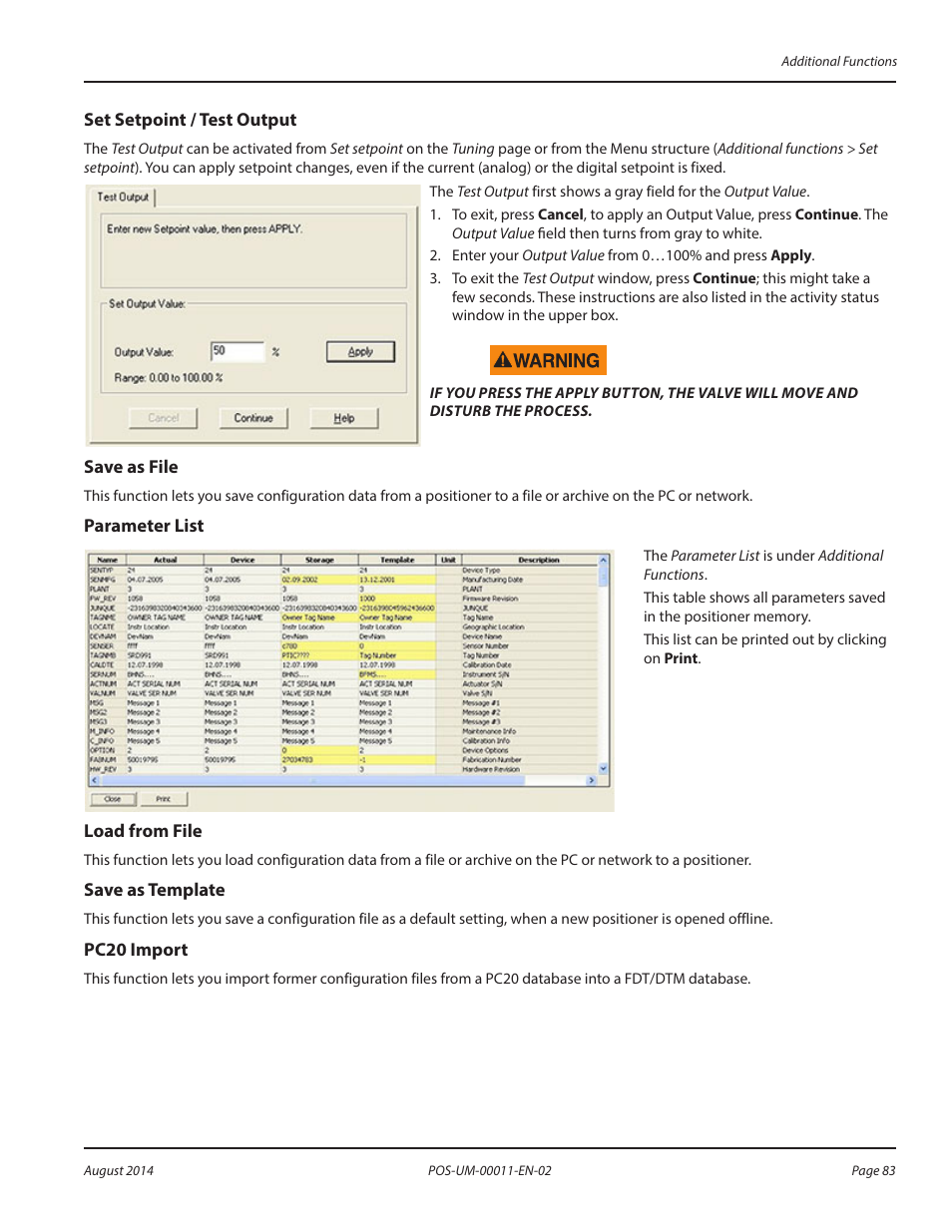 Set setpoint / test output, Save as file, Parameter list | Load from file, Save as template, Pc20 import | Badger Meter SRD/SRI Valve Positioners User Manual | Page 83 / 100