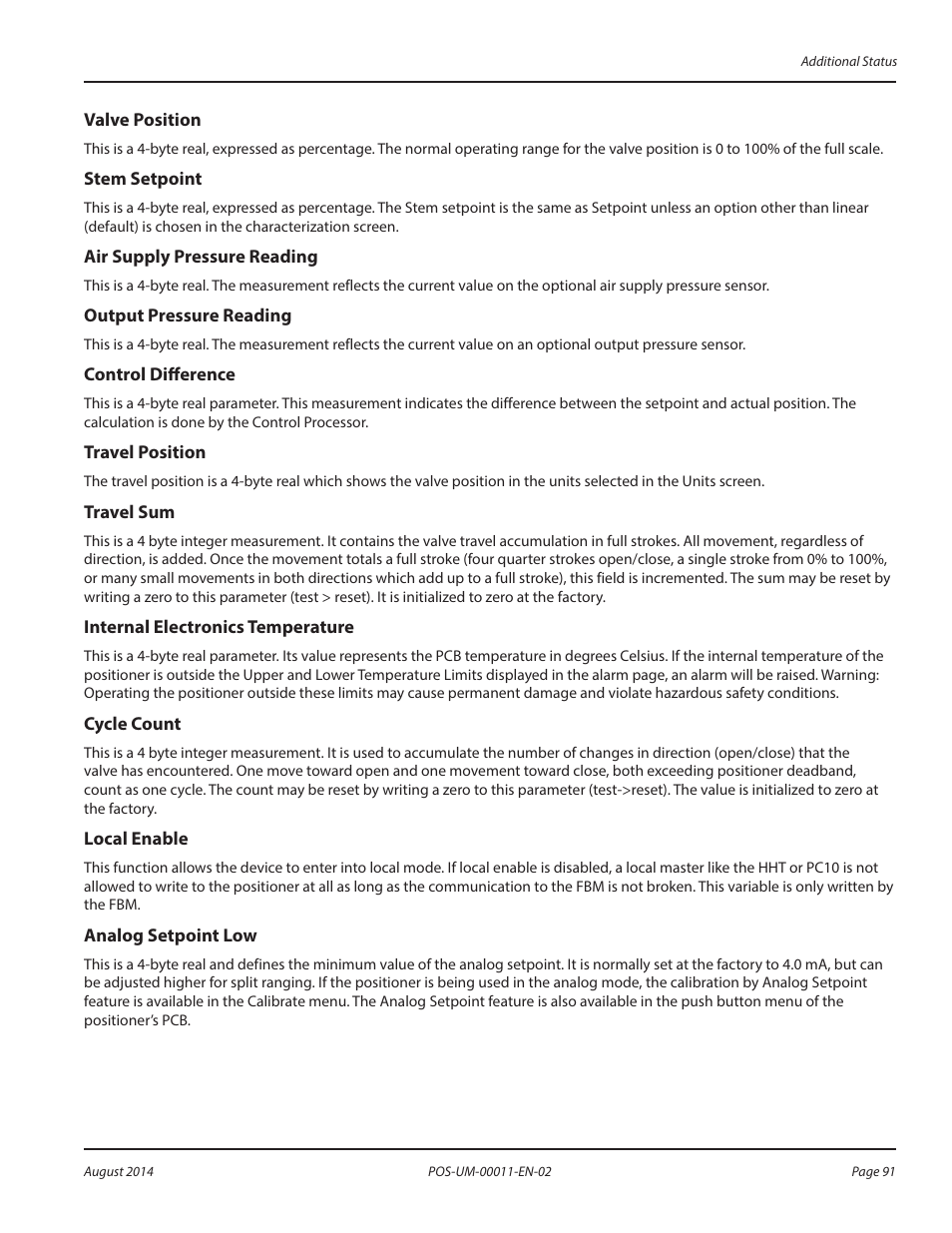 Valve position, Stem setpoint, Air supply pressure reading | Output pressure reading, Control difference, Travel position, Travel sum, Internal electronics temperature, Cycle count, Local enable | Badger Meter SRD/SRI Valve Positioners User Manual | Page 91 / 100