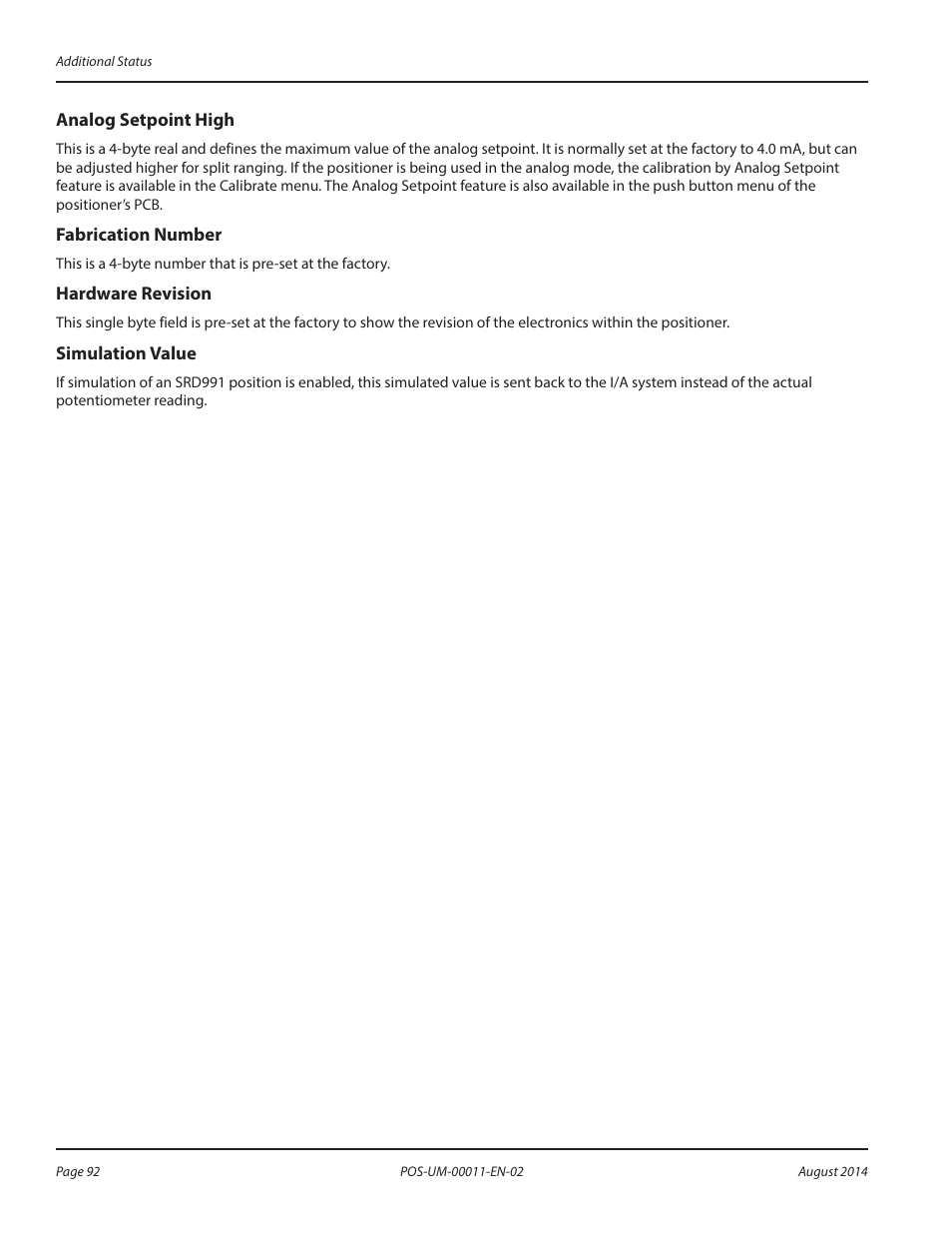 Analog setpoint high, Fabrication number, Hardware revision | Simulation value | Badger Meter SRD/SRI Valve Positioners User Manual | Page 92 / 100