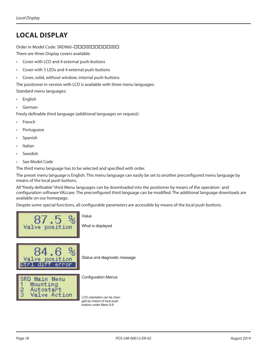 Local display, Local display 18 | Badger Meter SRD/SRI Valve Positioners User Manual | Page 18 / 32