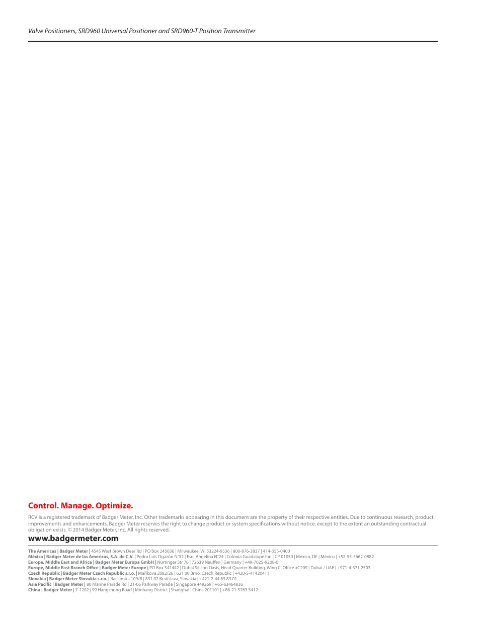 Control. manage. optimize | Badger Meter SRD/SRI Valve Positioners User Manual | Page 32 / 32