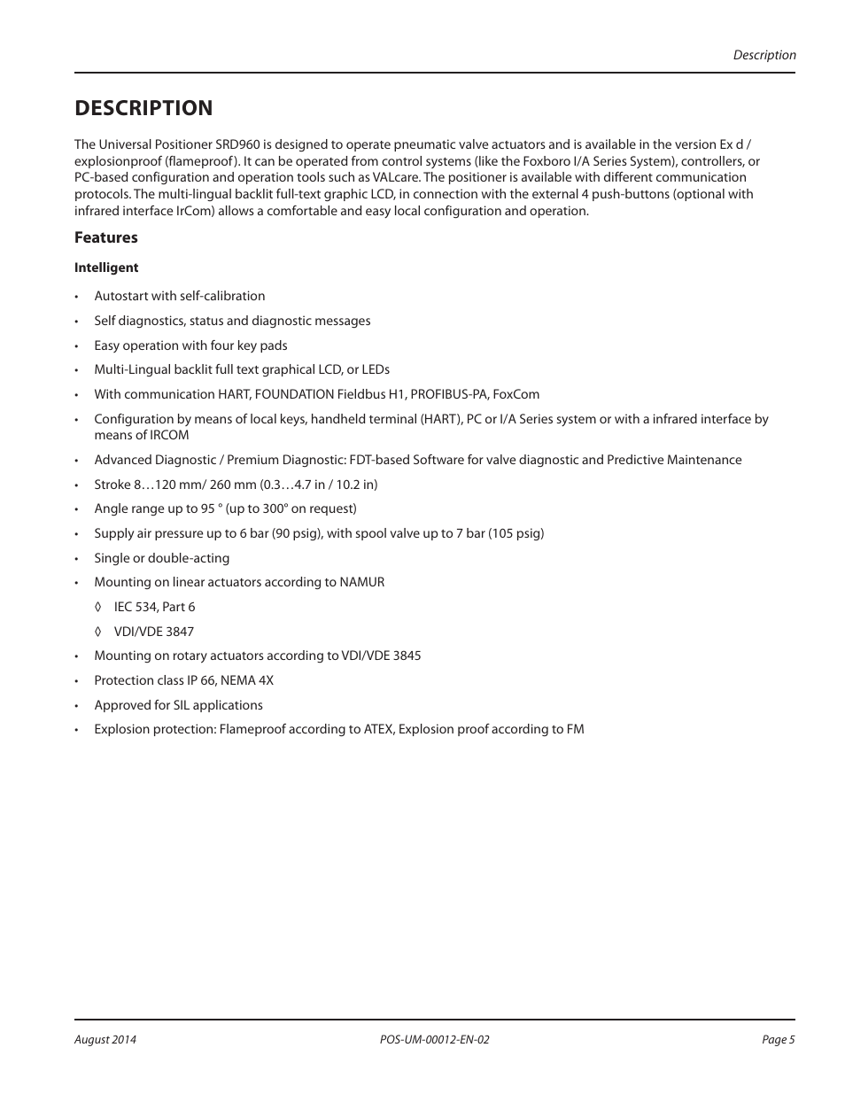 Description, Features, Description 5 | Features 5 | Badger Meter SRD/SRI Valve Positioners User Manual | Page 5 / 32