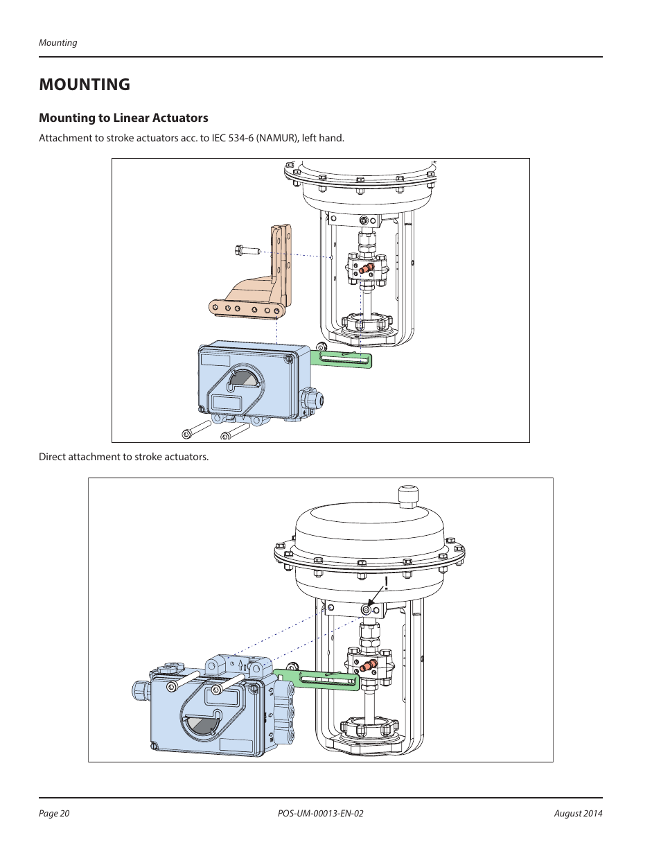 Mounting, Mounting to linear actuators, Mounting 20 | Mounting to linear actuators 20 | Badger Meter SRD/SRI Valve Positioners User Manual | Page 20 / 24