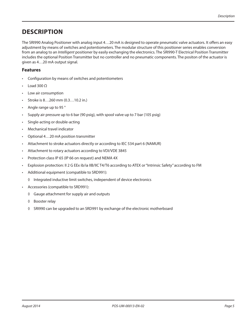 Description, Features, Description 5 | Features 5 | Badger Meter SRD/SRI Valve Positioners User Manual | Page 5 / 24