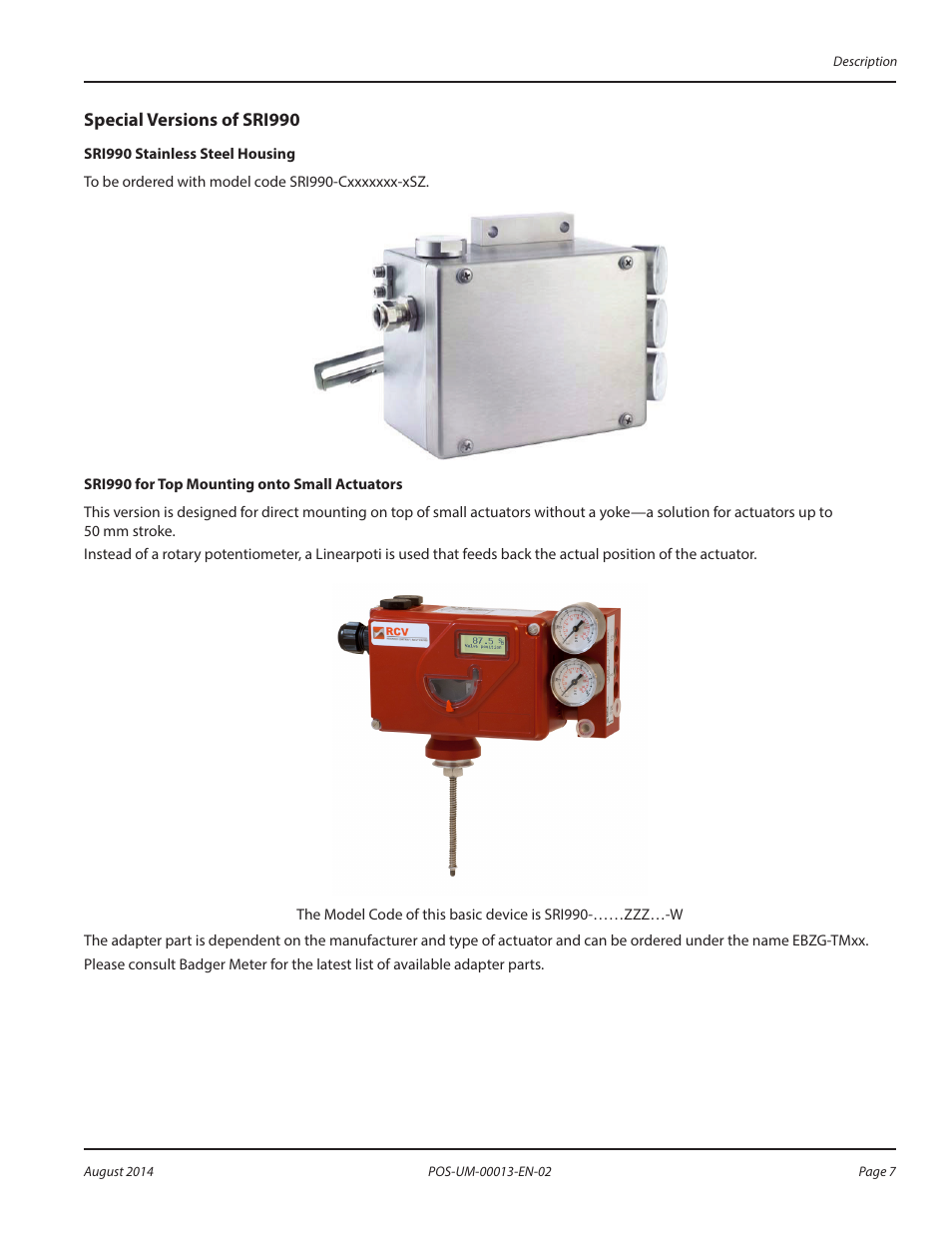 Special versions of sri990, Special versions of sri990 7 | Badger Meter SRD/SRI Valve Positioners User Manual | Page 7 / 24