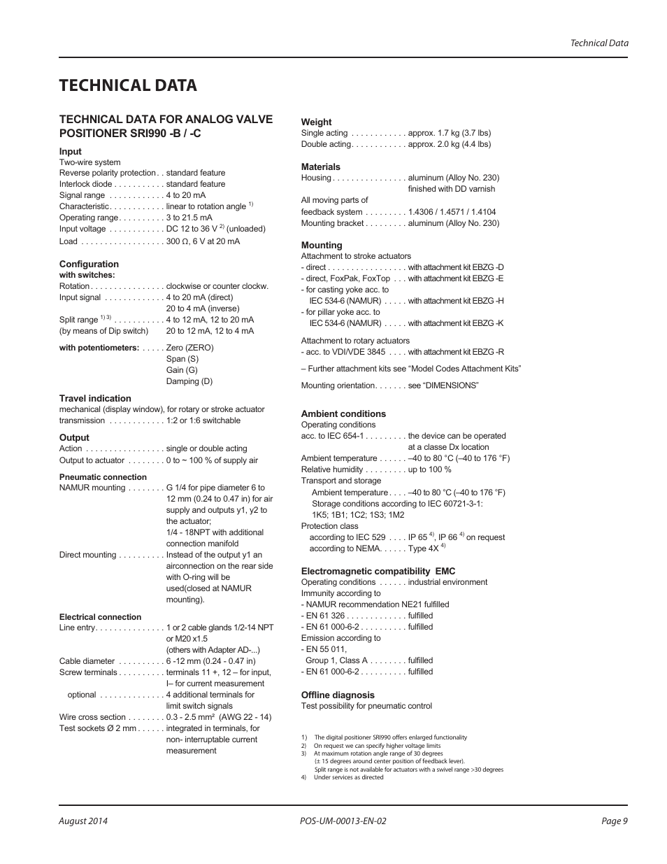 Technical data, Technical data 9 | Badger Meter SRD/SRI Valve Positioners User Manual | Page 9 / 24