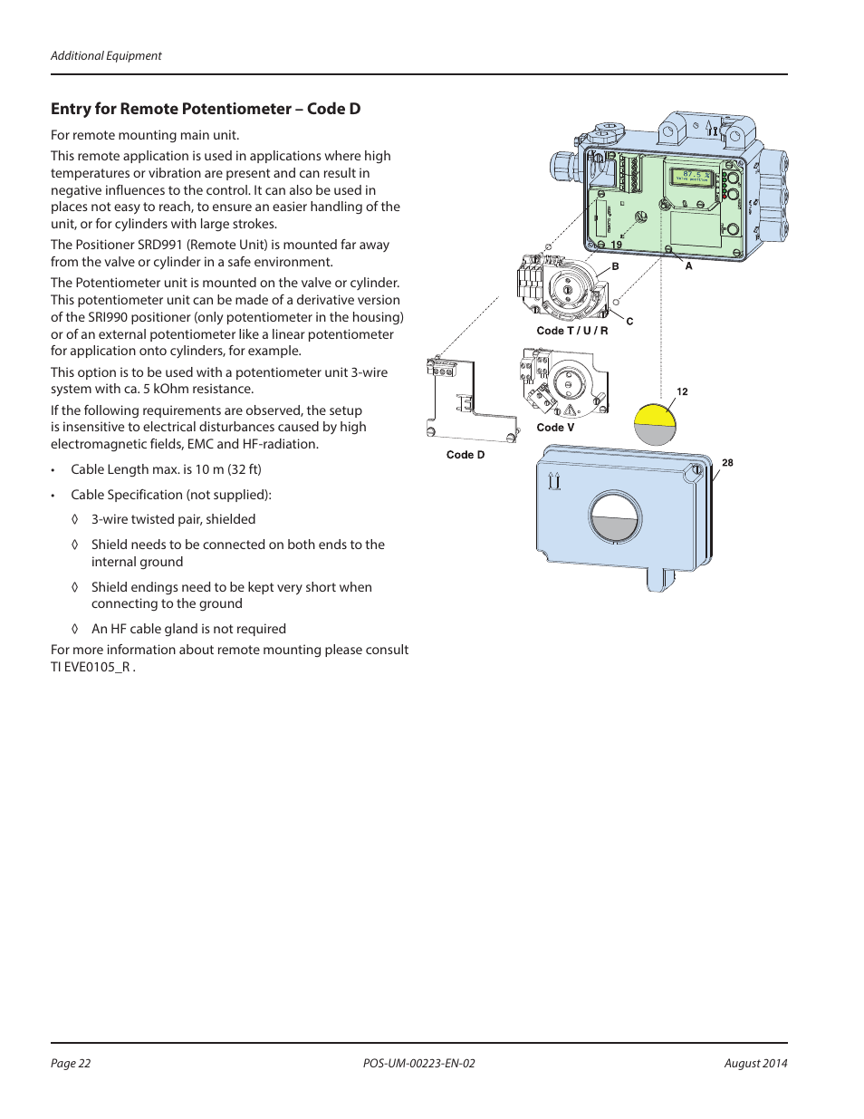 Entry for remote potentiometer – code d, Entry for remote potentiometer – code d 22 | Badger Meter SRD/SRI Valve Positioners User Manual | Page 22 / 40