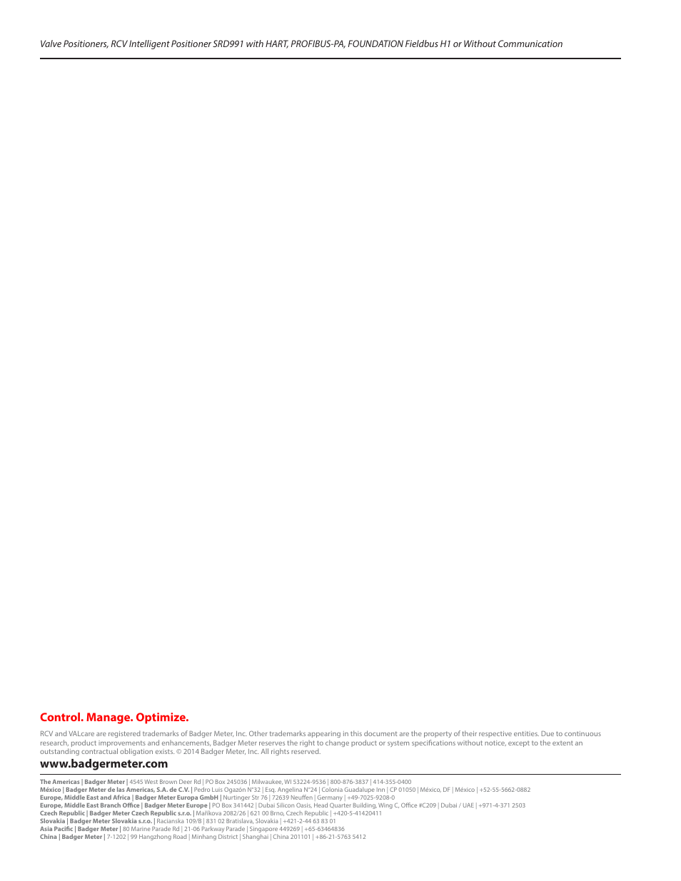 Control. manage. optimize | Badger Meter SRD/SRI Valve Positioners User Manual | Page 40 / 40