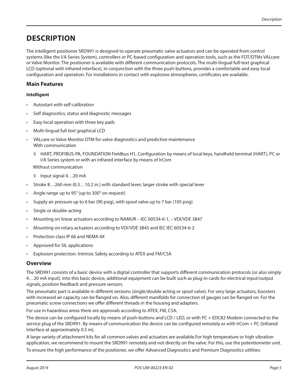 Description, Main features, Overview | Description 5, Main features 5 overview 5 | Badger Meter SRD/SRI Valve Positioners User Manual | Page 5 / 40
