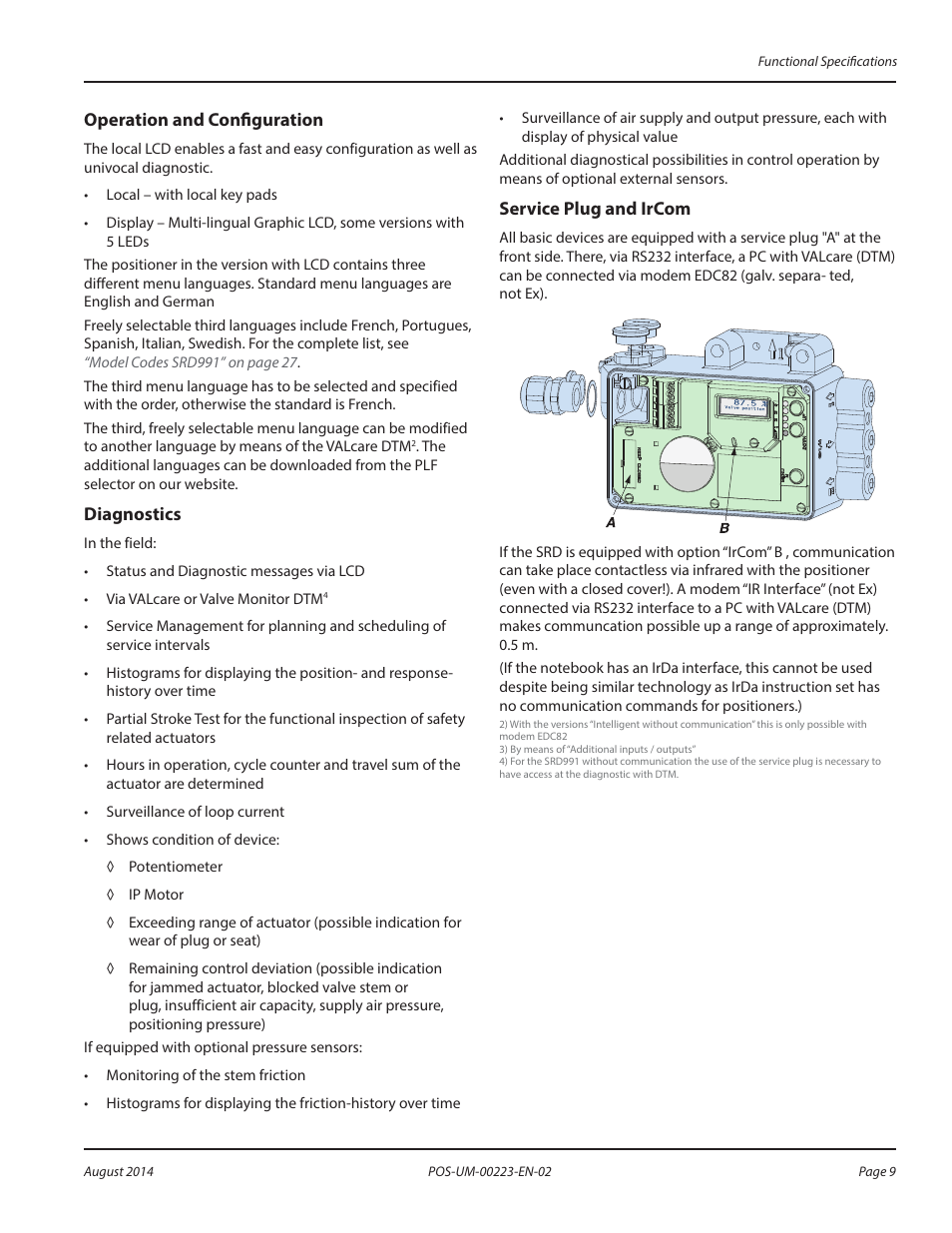 Operation and configuration, Diagnostics, Service plug and ircom | Badger Meter SRD/SRI Valve Positioners User Manual | Page 9 / 40