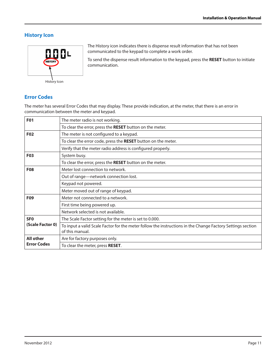 History icon, Error codes | Badger Meter Fluid Management System User Manual | Page 11 / 28