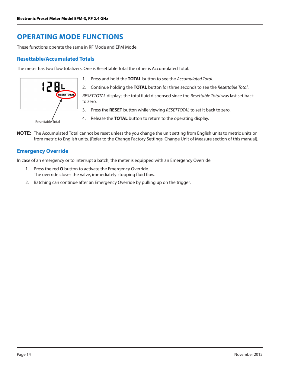 Operating mode functions, Resettable/accumulated totals, Emergency override | Badger Meter Fluid Management System User Manual | Page 14 / 28