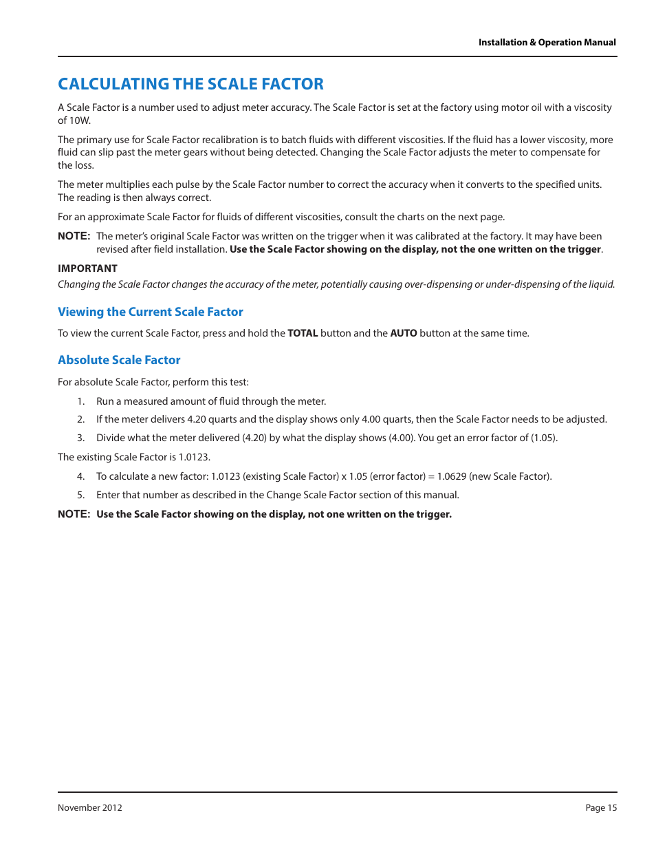 Calculating the scale factor, Viewing the current scale factor, Absolute scale factor | Badger Meter Fluid Management System User Manual | Page 15 / 28