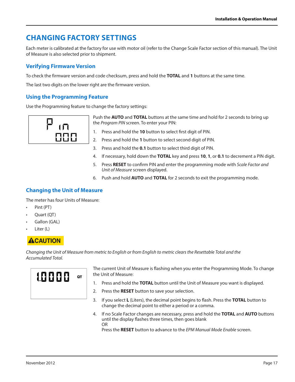 Changing factory settings, Verifying firmware version, Using the programming feature | Changing the unit of measure | Badger Meter Fluid Management System User Manual | Page 17 / 28