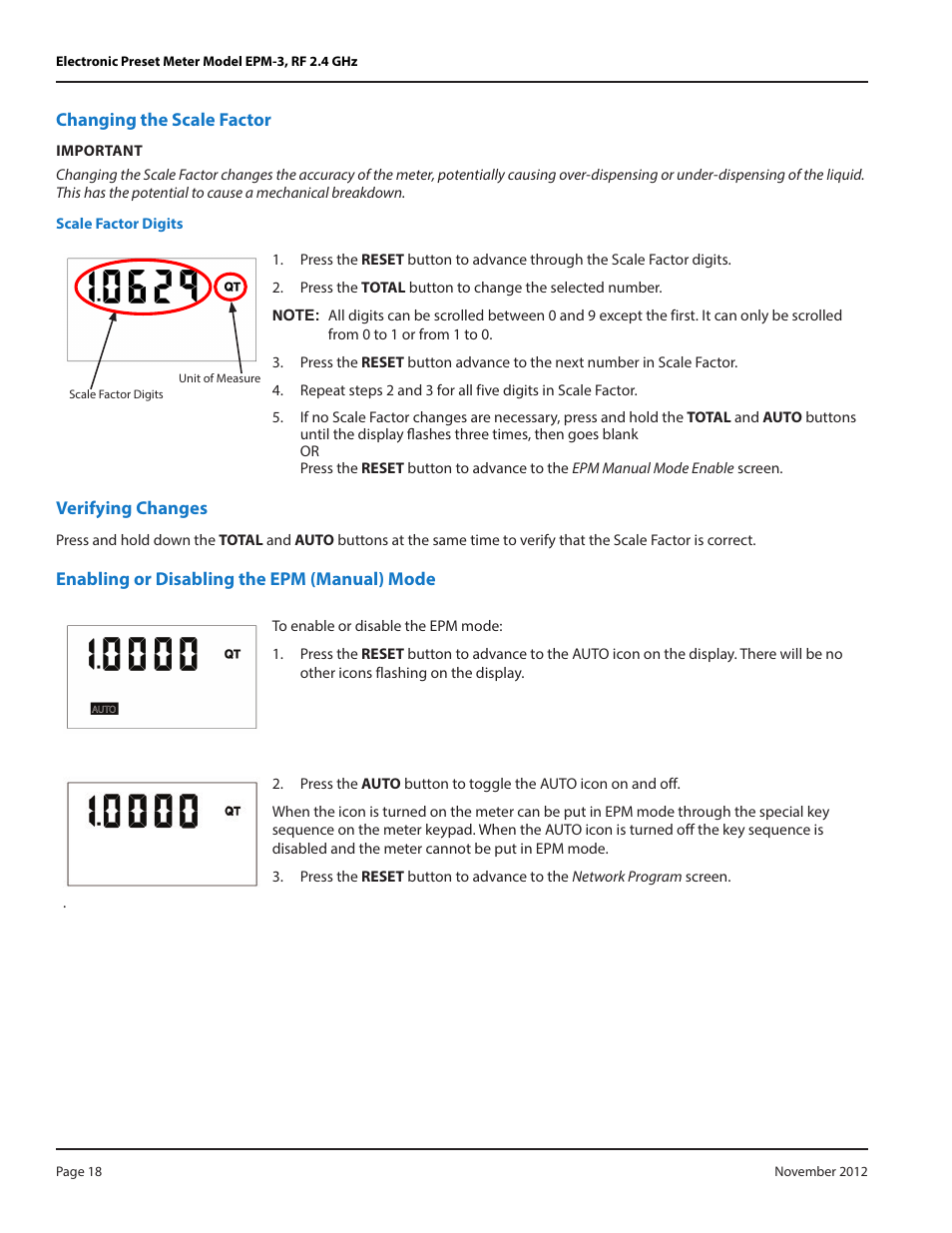 Changing the scale factor, Verifying changes, Enabling or disabling the epm (manual) mode | Badger Meter Fluid Management System User Manual | Page 18 / 28