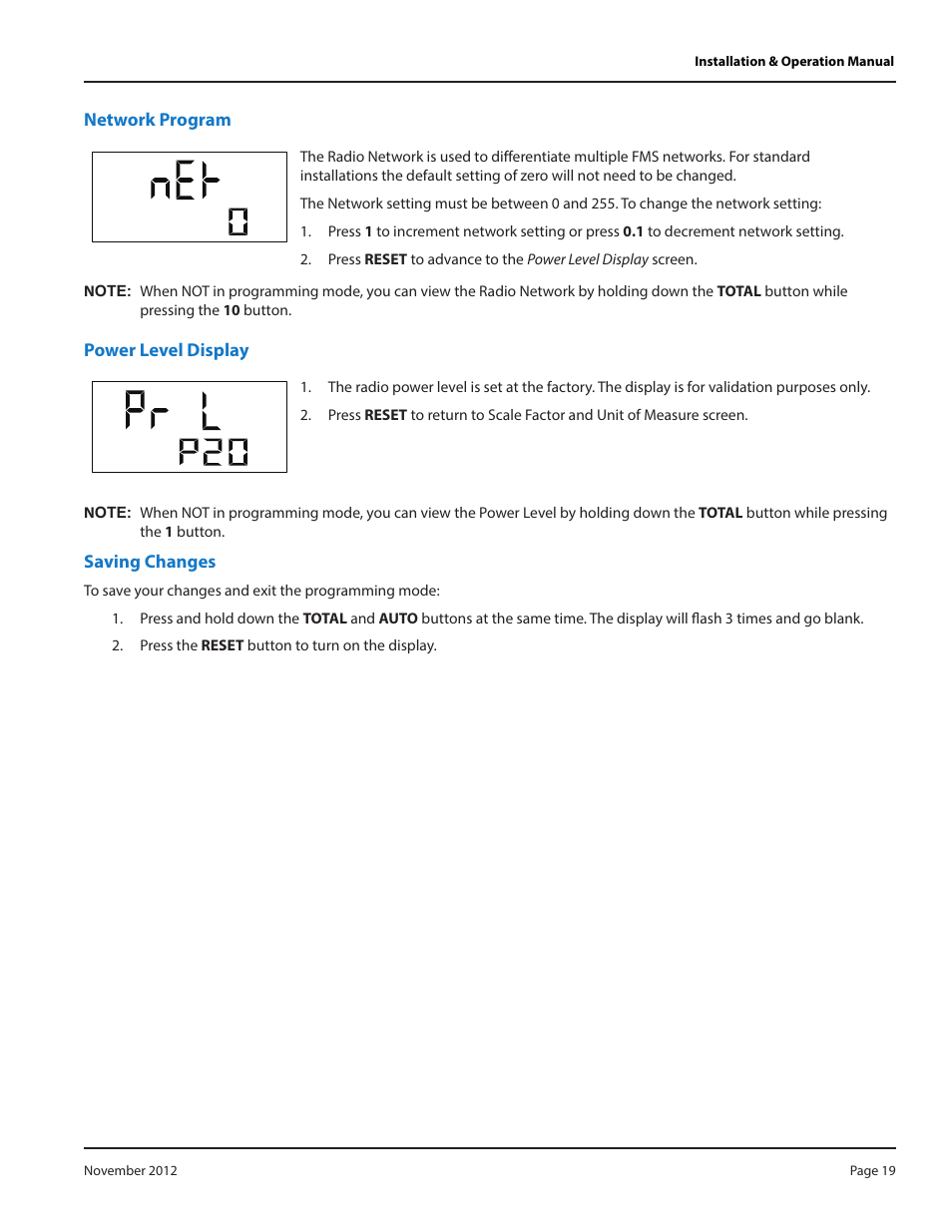 Network program, Power level display | Badger Meter Fluid Management System User Manual | Page 19 / 28