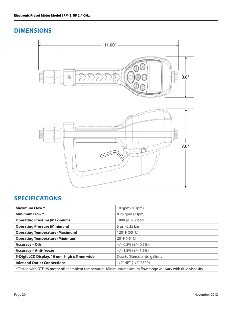 Dimensions, Specifications, Dimensions specifications | Badger Meter Fluid Management System User Manual | Page 20 / 28