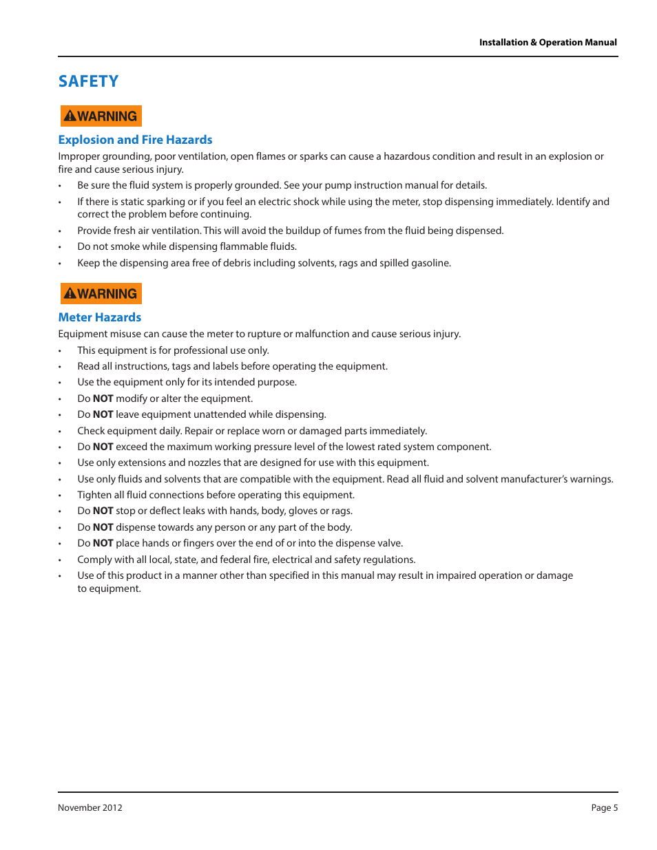Safety, Explosion and fire hazards, Meter hazards | Badger Meter Fluid Management System User Manual | Page 5 / 28