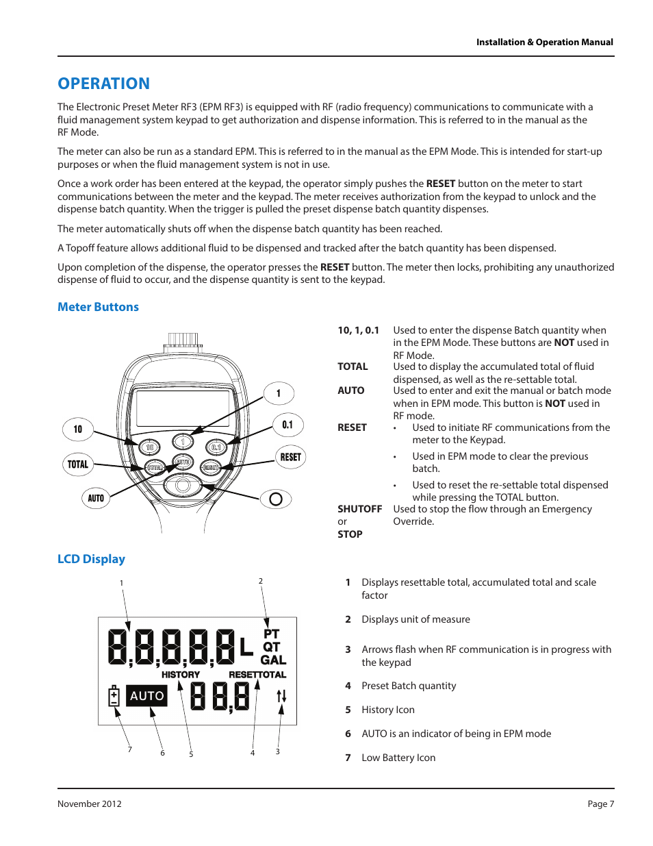 Operation, Meter buttons, Lcd display | Badger Meter Fluid Management System User Manual | Page 7 / 28