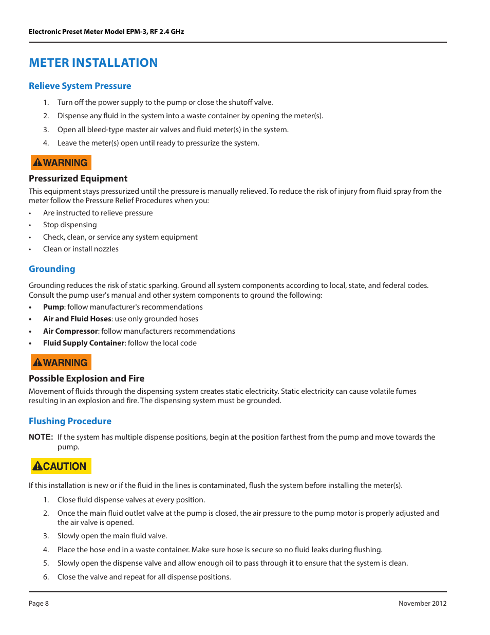 Meter installation, Relieve system pressure, Grounding | Flushing procedure | Badger Meter Fluid Management System User Manual | Page 8 / 28