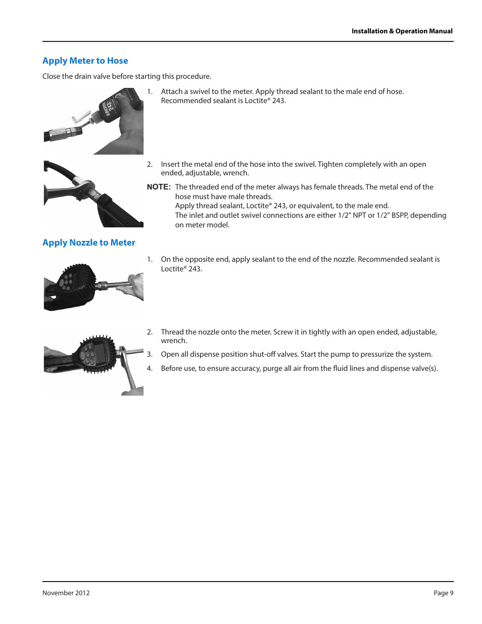 Apply meter to hose, Apply nozzle to meter | Badger Meter Fluid Management System User Manual | Page 9 / 28