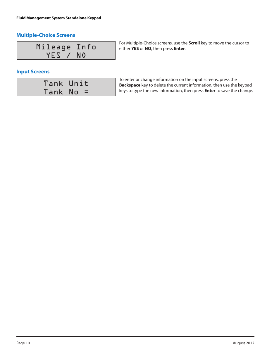 Multiple-choice screens, Input screens, Multiple-choice screens 10 | Input screens 10, Mileage info yes / no, Tank unit tank no | Badger Meter Fluid Management System User Manual | Page 10 / 32