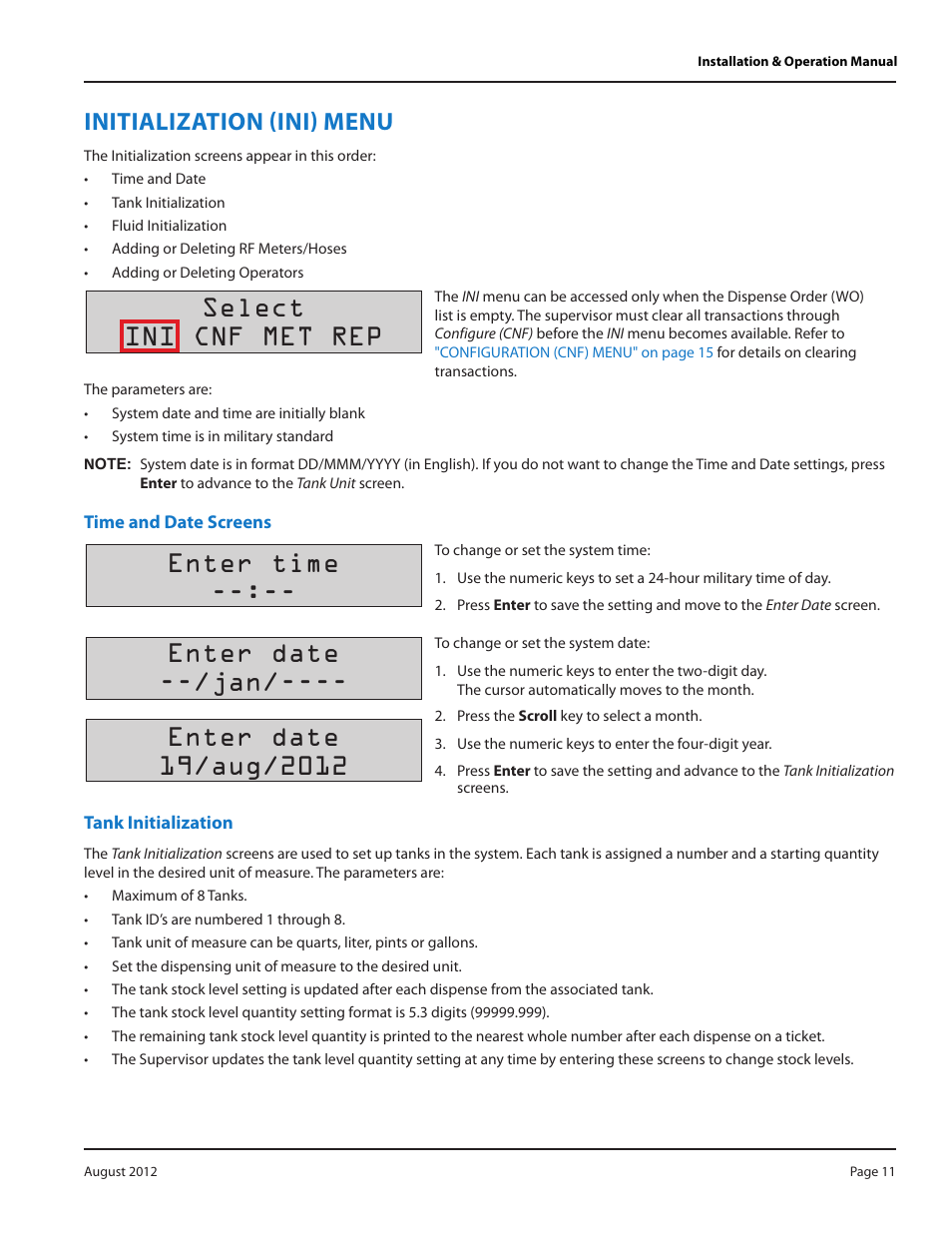 Initialization (ini) menu, Time and date screens, Tank initialization | Initialization (ini) menu 11, Time and date screens 11, Tank initialization 11, Select ini cnf met rep, Enter time | Badger Meter Fluid Management System User Manual | Page 11 / 32