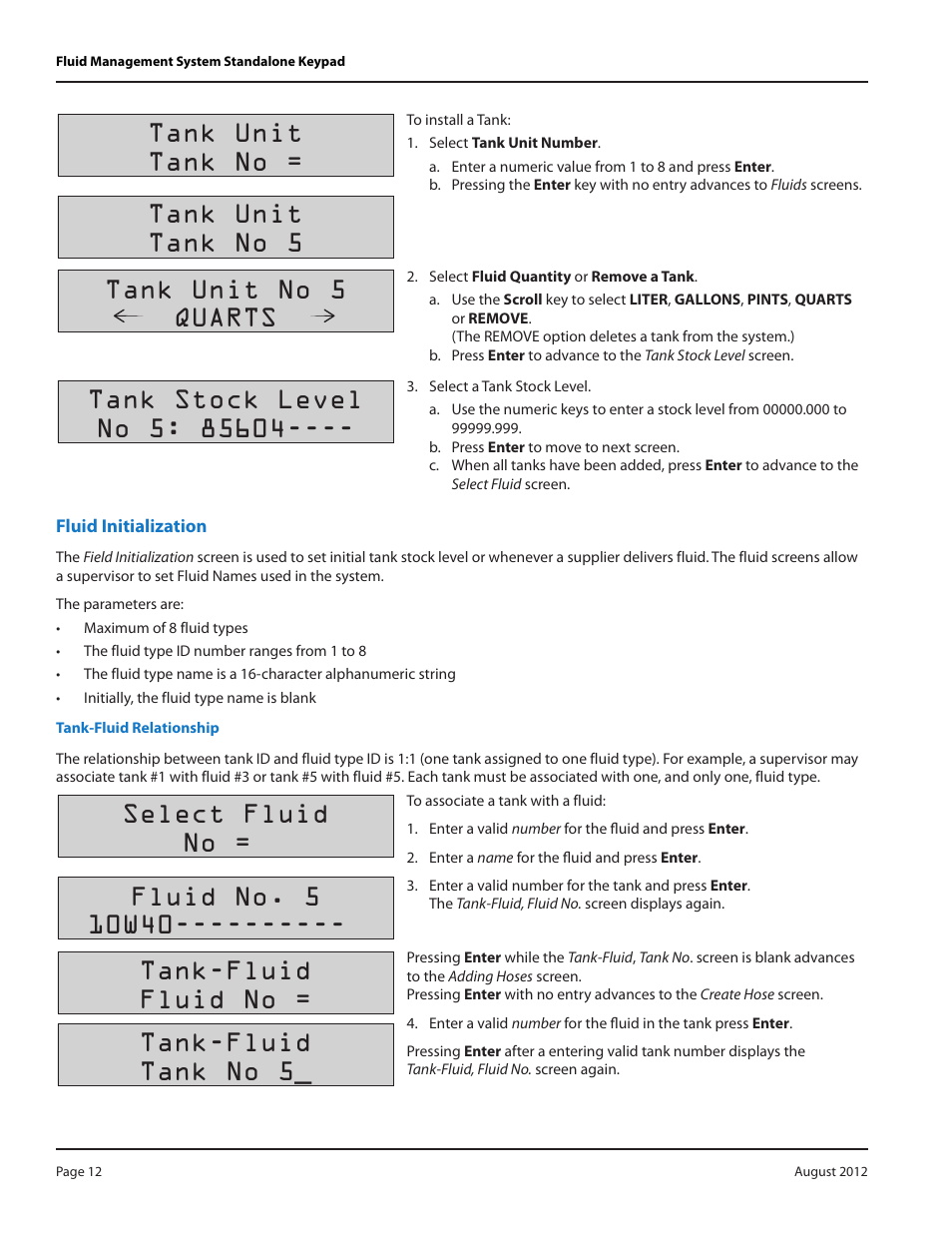 Fluid initialization, Tank-fluid relationship, Fluid initialization 12 | Tank-fluid relationship 12, Tank unit tank no = tank unit tank no 5, Tank unit no 5 quarts, Tank-fluid fluid no = tank-fluid tank no 5 | Badger Meter Fluid Management System User Manual | Page 12 / 32