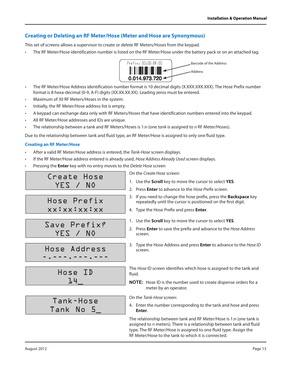 Creating an rf meter/hose, Creating an rf meter/hose 13, Create hose yes / no | Hose prefix xx:xx:xx:xx, Save prefix? yes / no, Hose address, Hose id 14, Tank-hose tank no 5 | Badger Meter Fluid Management System User Manual | Page 13 / 32