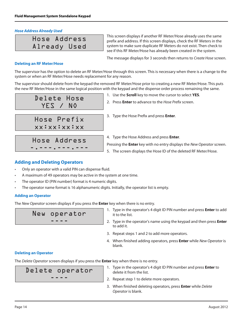 Deleting an rf meter/hose, Adding and deleting operators, Adding an operator | Deleting an operator, Deleting an rf meter/hose 14, Adding and deleting operators 14, Adding an operator 14, Deleting an operator 14, Hose address already used, Delete hose yes / no | Badger Meter Fluid Management System User Manual | Page 14 / 32