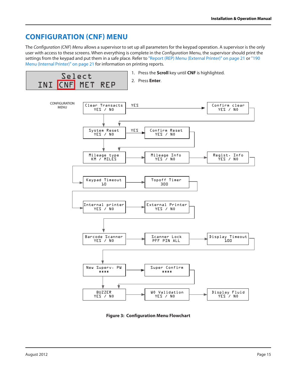 Configuration (cnf) menu, Configuration (cnf) menu 15, Select ini cnf met rep | Badger Meter Fluid Management System User Manual | Page 15 / 32