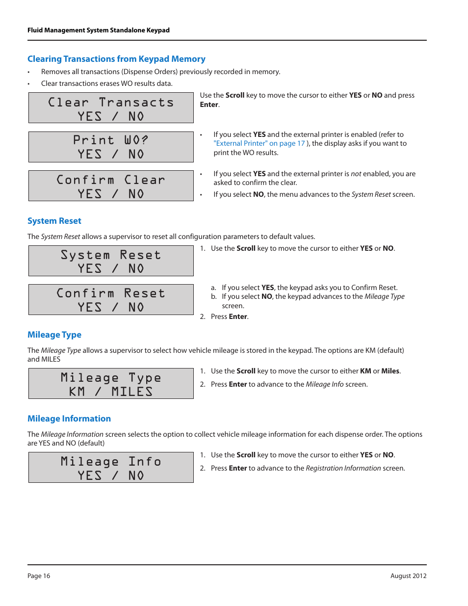 Clearing transactions from keypad memory, System reset, Mileage type | Mileage information, Clearing transactions from keypad memory 16, System reset 16, Mileage type 16, Mileage information 16, Clear transacts yes / no, Print wo? yes / no | Badger Meter Fluid Management System User Manual | Page 16 / 32