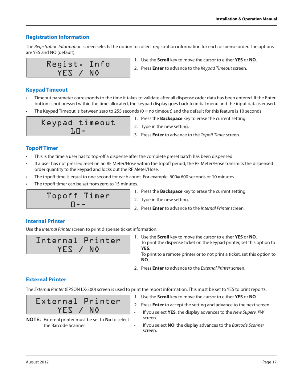 Registration information, Keypad timeout, Topoff timer | Internal printer, External printer, Registration information 17, Keypad timeout 17, Topoff timer 17, Internal printer 17, External printer 17 | Badger Meter Fluid Management System User Manual | Page 17 / 32