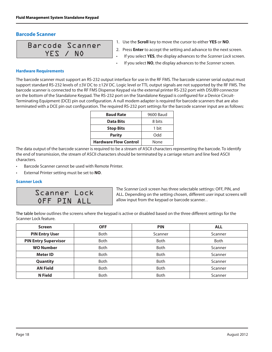 Barcode scanner, Hardware requirements, Scanner lock | Barcode scanner 18, Hardware requirements 18, Scanner lock 18, Barcode scanner yes / no, Scanner lock off pin all | Badger Meter Fluid Management System User Manual | Page 18 / 32