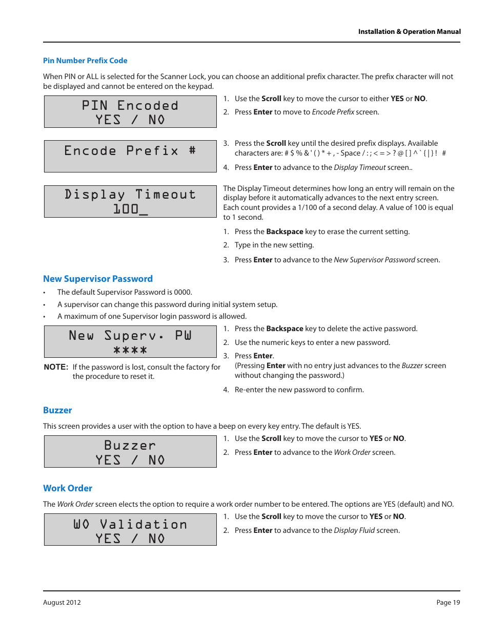 Pin number prefix code, New supervisor password, Buzzer | Work order, Pin number prefix code 19, New supervisor password 19, Buzzer 19, Work order 19, Pin encoded yes / no, Encode prefix | Badger Meter Fluid Management System User Manual | Page 19 / 32