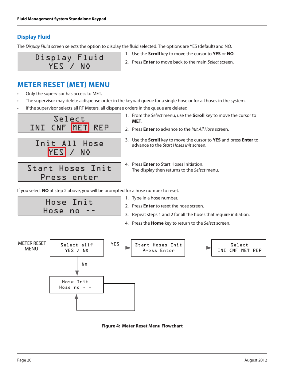 Display fluid, Meter reset (met) menu, Display fluid 20 | Meter reset (met) menu 20, Display fluid yes / no, Select ini cnf met rep, Init all hose yes / no, Start hoses init press enter, Hose init hose no | Badger Meter Fluid Management System User Manual | Page 20 / 32