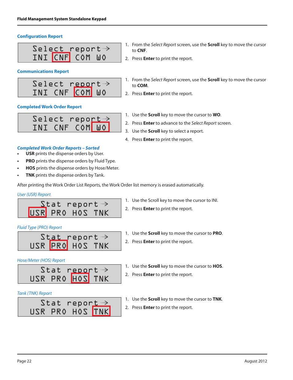 Configuration report, Communications report, Completed work order report | Configuration report 22, Communications report 22, Completed work order report 22, Select report ini cnf com wo, Stat report usr pro hos tnk | Badger Meter Fluid Management System User Manual | Page 22 / 32